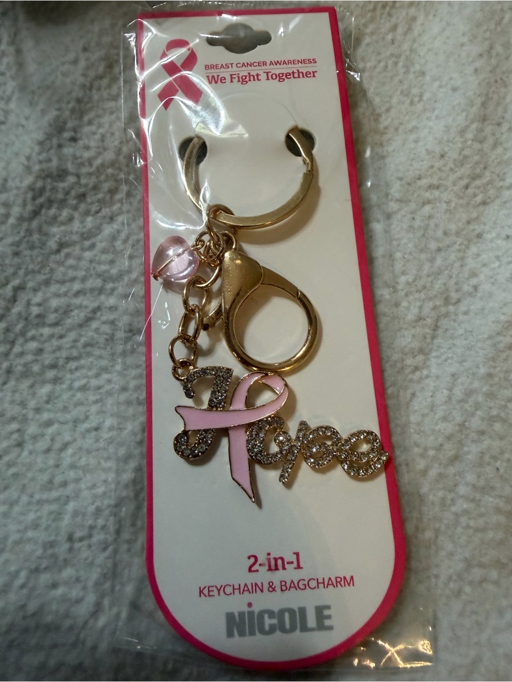 Nicole Pink Ribbon "Hope" Keychain & Bag Charm Light Pink
